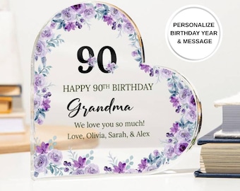 Personalized Happy 90th Birthday Gift Plaque, Birthday Gift For Nan, Heart Plaque, 90th Birthday Gifts, Floral 90th Gift, Gifts for Her