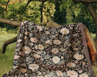 Wildflower Woven Cotton Blanket: Botanical Cottagecore Throw