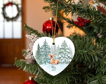 Décoration de Noël enfant, cerf de Noël personnalisé, aquarelle de faon, décoration de coeur prénom enfant, décoration enfant personnalisée 2025, cerf