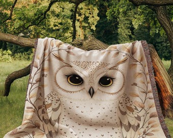 Owl Woven Cotton Throw Blanket, Forest Owl Sofa Blanket, Cottagecore Owl Woven Throw Blanket, Woodland Woven Blanket, Boho Nursery, Bedding