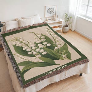 Mothers Day Gift, May Birth Flower Blanket Lily of the Valley, Woven Cotton Throw Blanket, Grandma Blanket, Floral Wall Tapestry image 3