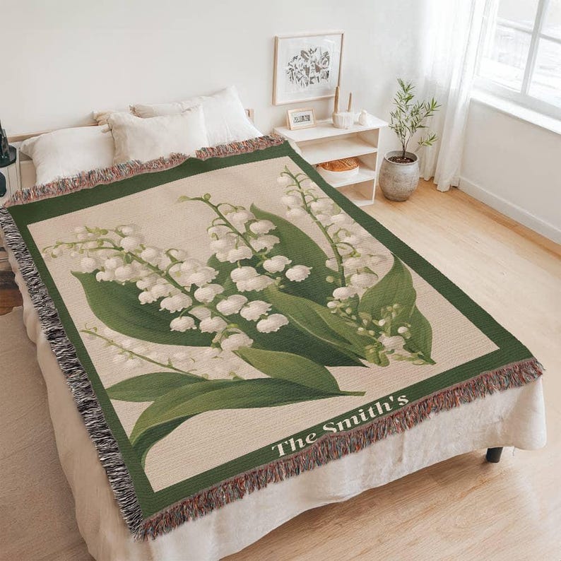 Mothers Day Gift, May Birth Flower Blanket Lily of the Valley, Woven Cotton Throw Blanket, Grandma Blanket, Floral Wall Tapestry image 3