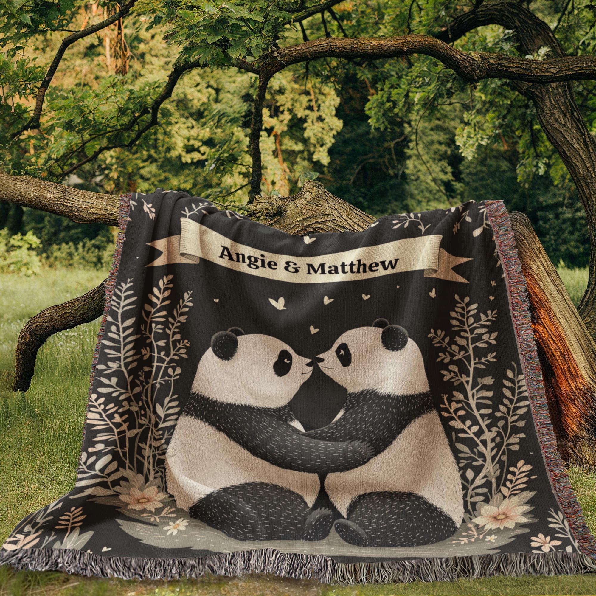 Personalized Panda Woven Blanket, Couple Gift for Valentines Anniversary Wedding Engagement, Housewarming Gift,  Panda Decor, Gift for Wife