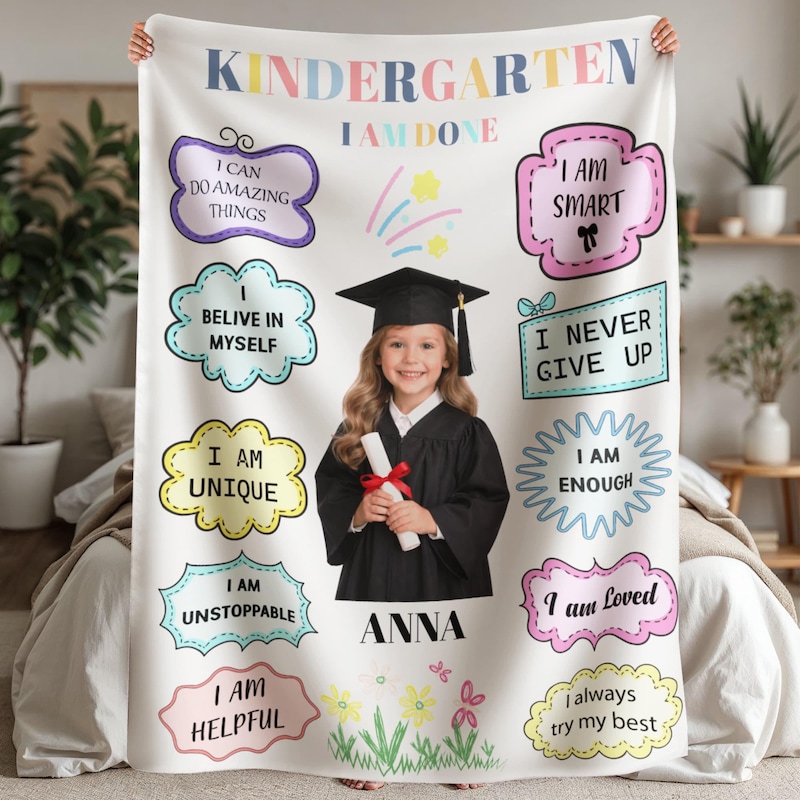 Personalized Kindergarten Graduation Photo Affirmation Blanket, Kindergarten Grad Keepsake Gift, Kinder Graduation Present for Child