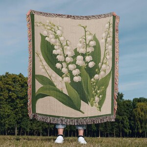 Mothers Day Gift, May Birth Flower Blanket Lily of the Valley, Woven Cotton Throw Blanket, Grandma Blanket, Floral Wall Tapestry image 9