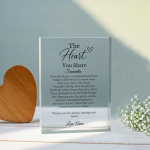 May include: A clear rectangular acrylic plaque featuring black printed text that reads: The Heart You Share, Samantha, followed by a sentimental poem about kindness and care, ending with Thank you for always sharing your heart, Love, Anna.