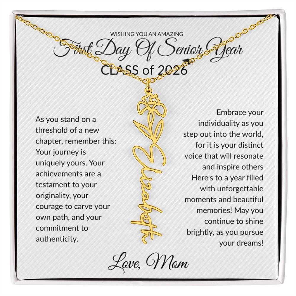 First Day of Senior Year Class of 2026 Flower Name necklace, Class of 2026, Gift for Daughter, Goddaughter, Niece, Back to School gift