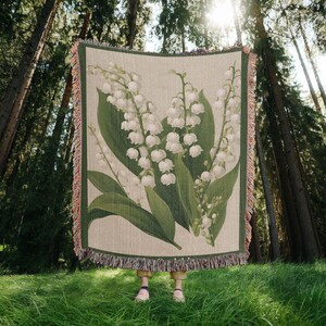 Mothers Day Gift, May Birth Flower Blanket Lily of the Valley, Woven Cotton Throw Blanket, Grandma Blanket, Floral Wall Tapestry image 8