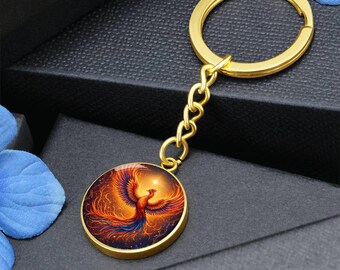 Rising Phoenix Keychain: Engraved Steel Key Ring, Gold or Silver