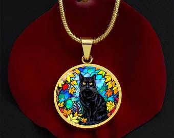 Fall Black Cat Pendant Necklace, Stained Glass Style, Autumn Leaves Jewelry, Cat Lover Gift, Halloween Statement Necklace, Fall Flowers
