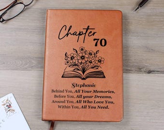 May include: A tan leather-like journal featuring the text Chapter 70, a graphic of an open book with flowers emerging from the pages, the name Stephanie, and the quote: Behind You, All Your Memories, Before You, All your Dreams, Around You, All Who Love You, Within You, All You Need.