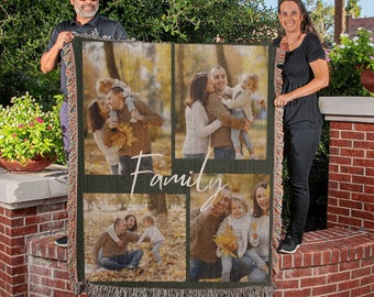 Custom Picture Collage Text Blanket, Family Photo Memorial Throw, Personalized Couple Mom Dad Grandma Daughter Birthday Christmas Keepsake