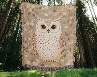 Forest Owl Woven Blanket, Cottagecore Owl Woven Throw Blanket, Woodland Woven Blanket, Cozy Cotton Sofa throw, Wall hanging tapestry