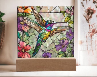 Acrylic Hummingbird sign, Bird Wall Art, Faux Stained Glass Plaque, Bird decorations, Bedside Night Light, Housewarming gift, Home Decor