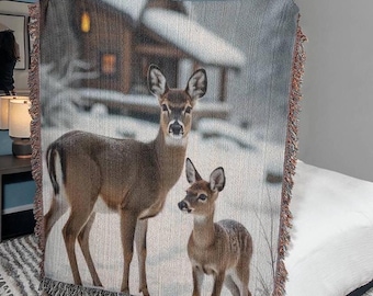 Deer Hunting Cabin Blanket, Woven Throw Blanket Gift for Hunter, Deer Hunting Blanket, Buck Blanket for Hunting Man Cave, Christmas Blanket