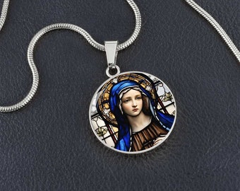 Virgin Mary Engraved Necklace, Virgin Mary Stained Glass, Christian Jewelry, Christian Gifts, Virgin Mary Necklace, Catholic Necklace