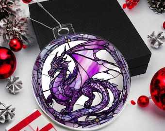 May include: A circular ornament featuring a purple dragon illustration in a stained glass style. The dragon has detailed scales, wings, and a long tail, enclosed within a circular frame. A silver string is attached to the top for hanging.