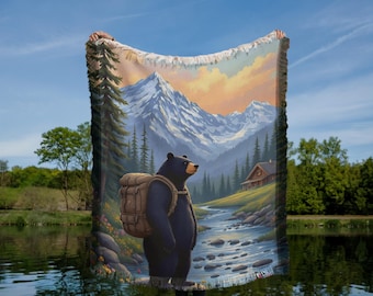 Bear Woven Blanket,  Camping Gift, Cabin Home Decor, Grizzly Bear in the Mountains Woven Wall Tapestry, Wildlife Park Hiking Gift