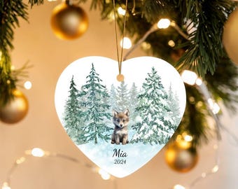 Décoration de Noël Loup des bois pour enfants, bébé fille, bébé garçon, décoration personnalisée, décoration en forme de cœur avec le prénom de l'enfant, naissance, fêtes