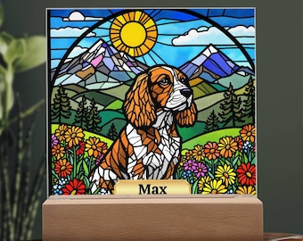 Akrylplakett i konstfärgat glas med engelsk cocker spaniel, present till hundmamma, present till hundpappa, heminredning, minnesplakett för hundar för husdjur