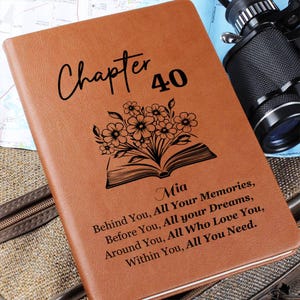 Peut inclure: Un journal en cuir marron avec les mots "Chapter 40" et un motif floral. Le journal porte le nom "Mia" et une citation inspirante. Un appareil photo est visible en arrière-plan.