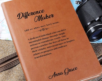 Personalized Difference Maker Journal, Custom Coworker Gifts, Vegan Leather Lined Notebook, Mentor Leader Appreciation Thank You Gift