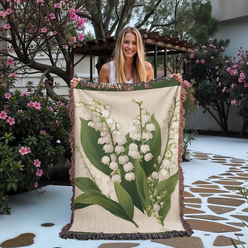 Mothers Day Gift, May Birth Flower Blanket Lily of the Valley, Woven Cotton Throw Blanket, Grandma Blanket, Floral Wall Tapestry image 10