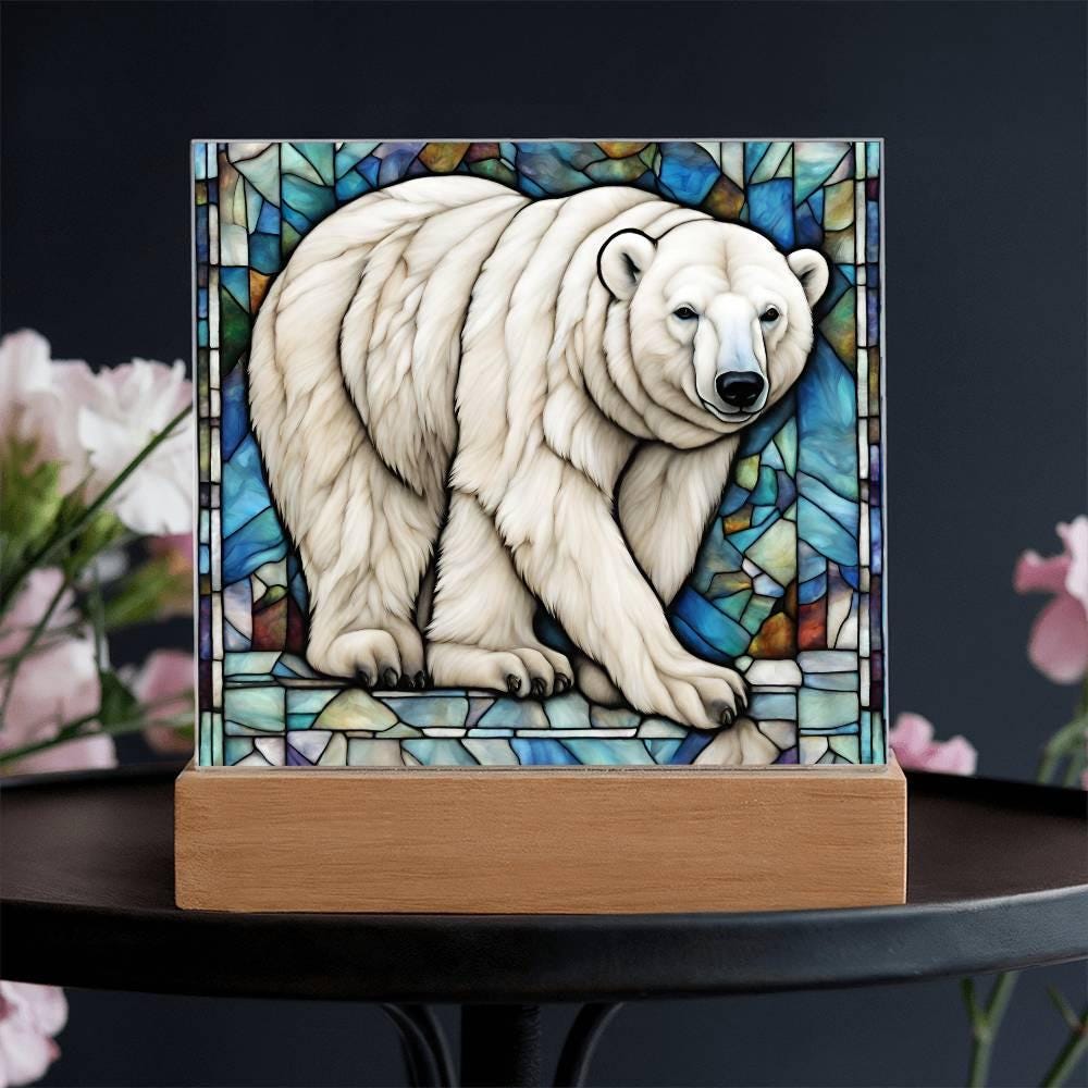 Polar Bear Gifts, Polar Bear Faux Stained Glass Acrylic Plaque, Housewarming Gift, Christmas Bear, Polar Bears Nightlight, Arctic Bear