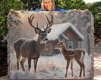 Buck and Reh Reh gewebt Baumwolle Decke werfen, Jagd Wandbehang, Cabin Decor, Jagd Geschenk für ihn, Vatertag, Geburtstag