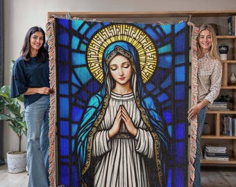 Virgin Mary Woven Cotton Throw Blanket: Catholic Home Decor