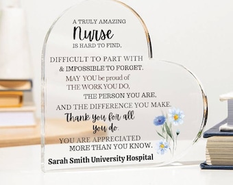 Personalized nurse gift, gift for nurse, nurse graduation gift, nurse retirement gift, nurse Christmas gift heart acrylic plaque