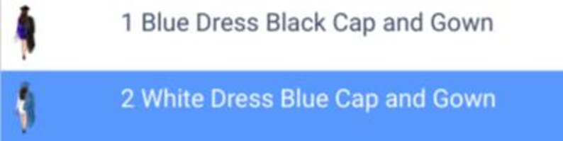 Puede incluir: Dos ilustraciones de mujeres con batas y gorros de graduaci&oacute;n. La primera mujer lleva un vestido azul y un gorro negro. La segunda mujer lleva un vestido blanco y un gorro azul. El texto debajo de cada ilustraci&oacute;n dice "1 Vestido azul Gorro negro y bata" y "2 Vestido blanco Gorro azul y bata".