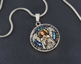 Collar de ángel, collar de ángel de la guarda, joyería de ángel, colgante de ángel, vitral falso, collar de querubín, collar de protección, redondo