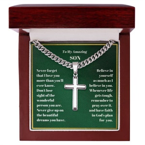 Engraved Cross Necklace for Son: Stainless Steel Cuban Chain, Religious Gift