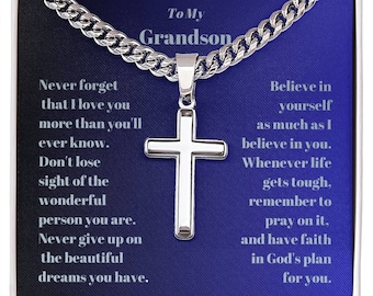Engraved Cross Necklace, Grandson Gift, Birthday Gift for Him, Graduation Gift, Christmas Gifts, To My Grandson, Religious, Christian Gift