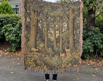 Woven Cotton Throw Blanket: Forest Deer Cottagecore Decor
