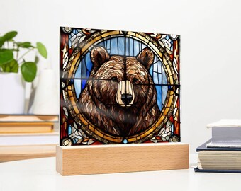 Bear Acrylic Square Plaque Faux Stained Glass Housewarming Gift Bear Theme Grizzly Bear Gifts for Outdoorsman Black Brown Bears Dad Gifts