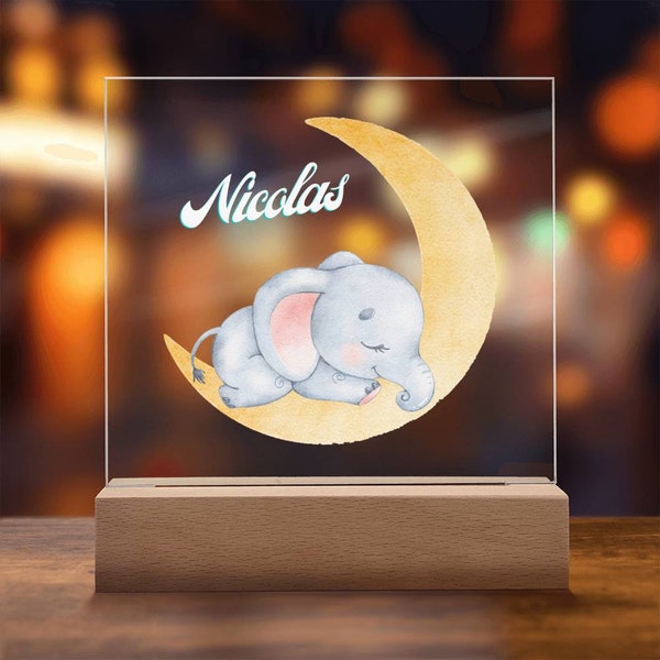 Elephant Nightlight, Bedside Lamp, Moon Night Light, Nursery Decor, Custom Name Light Night Gift, Kids Room Decor, Zoo animals Light