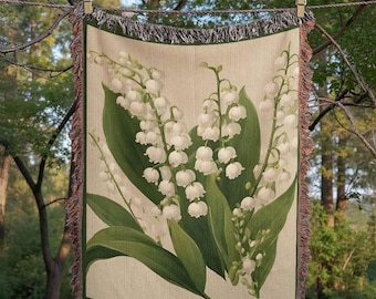 Mothers Day Gift, May Birth Flower Blanket Lily of the Valley, Woven Cotton Throw Blanket, Grandma Blanket, Floral Wall Tapestry