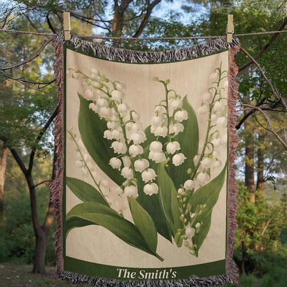 Mothers Day Gift, May Birth Flower Blanket Lily of the Valley, Woven Cotton Throw Blanket, Grandma Blanket, Floral Wall Tapestry