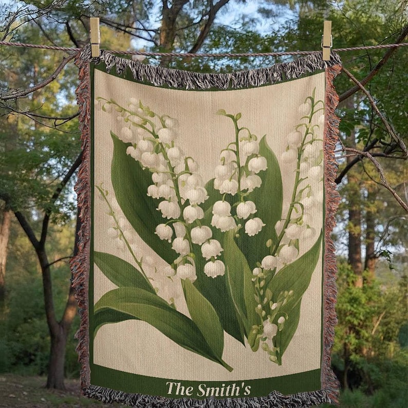 Mothers Day Gift, May Birth Flower Blanket Lily of the Valley, Woven Cotton Throw Blanket, Grandma Blanket, Floral Wall Tapestry image 1