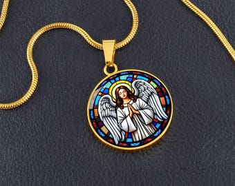 Collar de ángel, collar de ángel de la guarda, joyería de ángel, colgante de ángel, vitral falso, collar de querubín, collar de protección, redondo