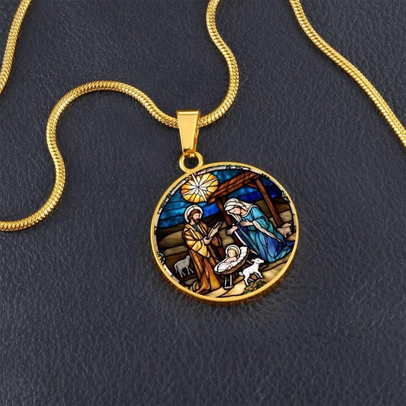 Personalized Baby Jesus Mary Joseph Necklace, Nativity Scene