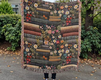 Leseecke-Decke, florale Bücherregal-Überwurfdecke, gemütliche Bibliotheksdekoration, Geschenk für Bücherliebhaber, gewebte Baumwolldecke, 3 Größen