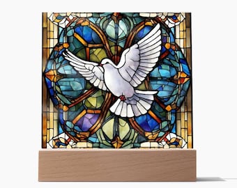 Holy Spirit Dove Faux Stained Glass Religious LED Plaque Home Decor Nightlight Christian Gift Baptism Confirmation