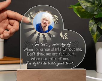 Memorial Gift, Picture Frame Memorial Gifts In Loving Memory, Memorial Plaque Night Lamp For Loss of Loved One, Custom Photo Night Light