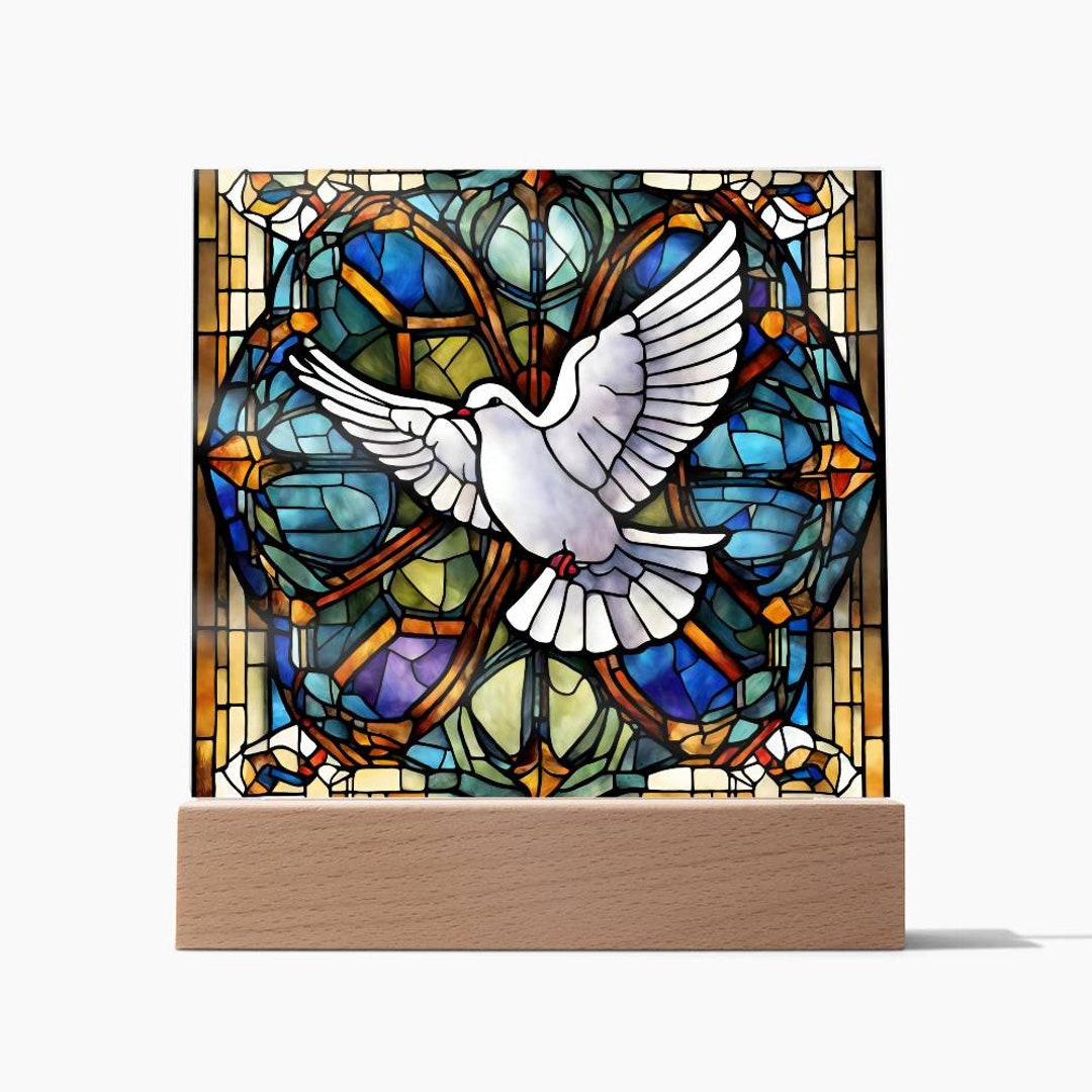 Holy Spirit Dove Faux Stained Glass Religious LED Plaque Home Decor ...
