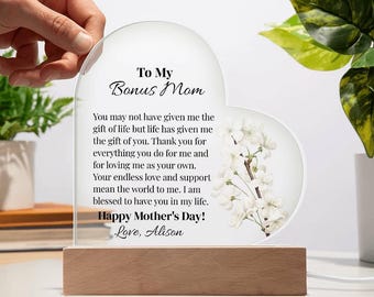 Stepmom Acrylic Heart Plaque Gift, Gifts for Stepmom, Stepmother of the Bride Wedding, Bonus Mom, Christmas, Birthday, Mothers Day Gifts