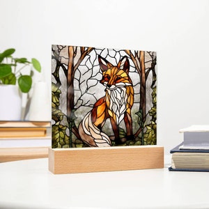 Fox In The Woods Faux Stained Glass Acrylic Plaque, Gift For Animal Lover, home decor, Housewarming gifts, Birthday Gifts, LED Nightlight
