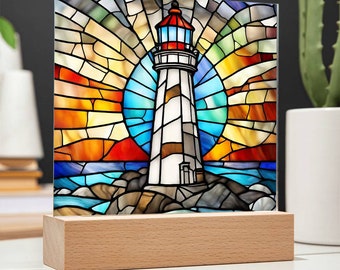 Leuchtturm Faux Buntglas Acryl Plakette: Strandhaus Dekor